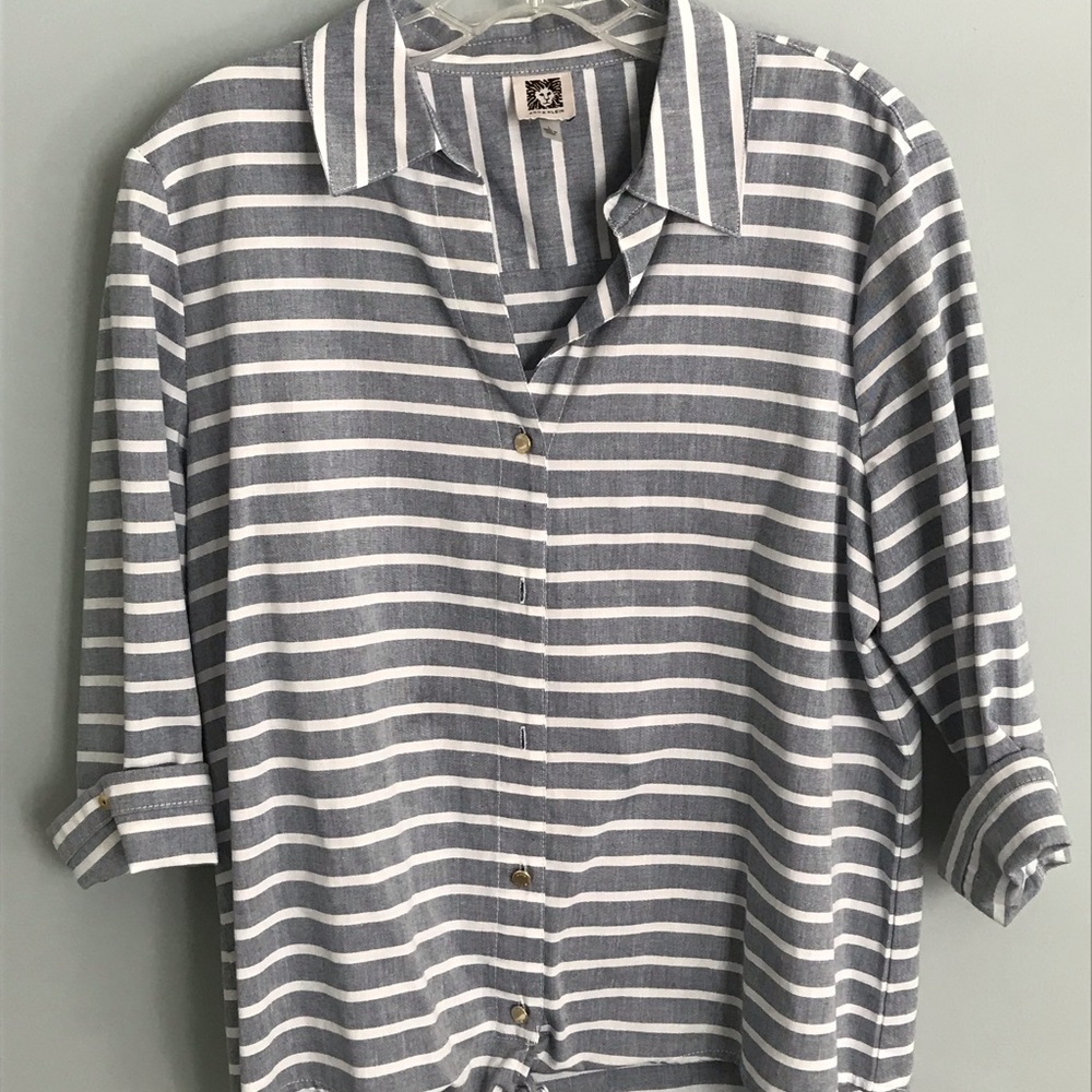 Anne Klein denim/white striped button down blouse Size L
